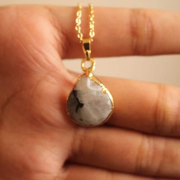 Natural Moonstone Teardrop Pendant Necklace – Gold Trim Glow Charm - Picture 3 of 5